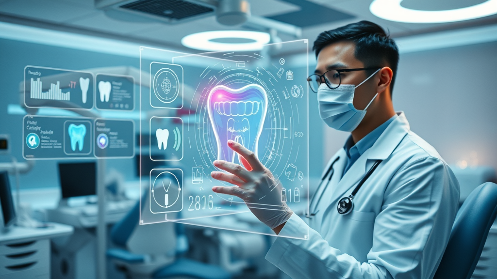 AI-powered dental patient communication systems in a futuristic dental office environment.