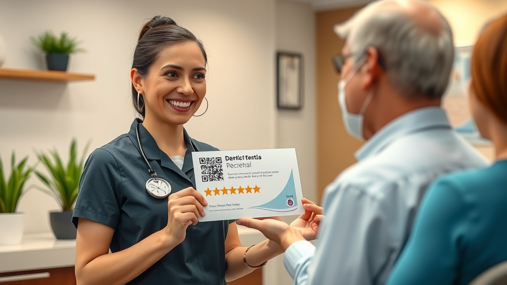 smiling dental receptionist dentist review generation assisting patient google reviews dental marketing