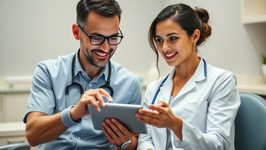 Confident dentist using dental patient communication software with a happy patient reviewing appointment on tablet