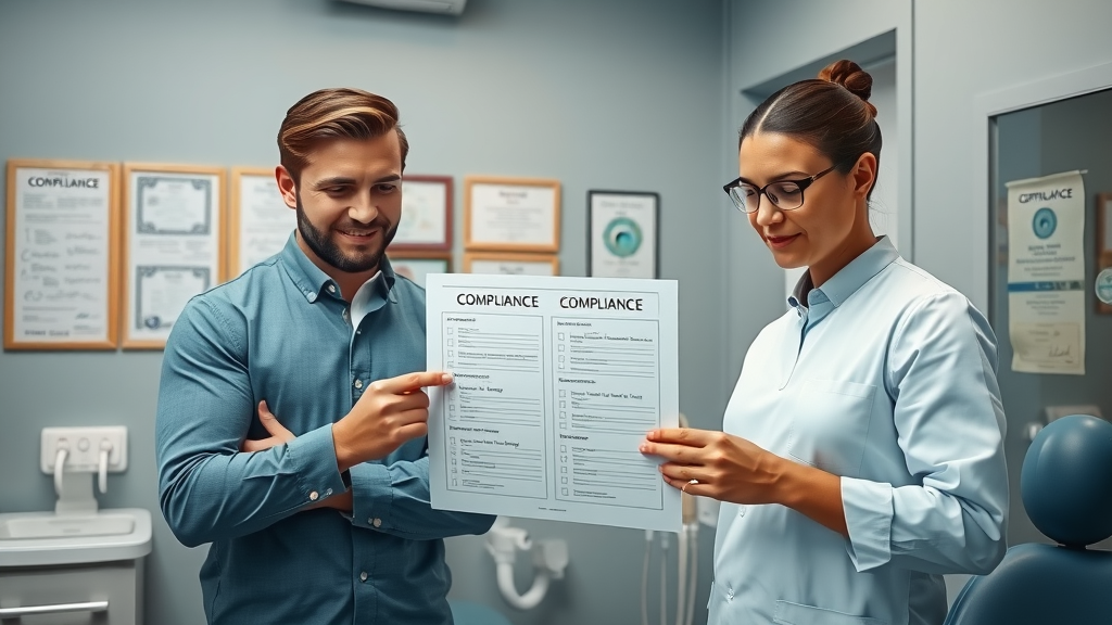 increasing dental referrals - Thoughtful dental team reviewing compliance posters about referral programs, compliance and ethics in dental office