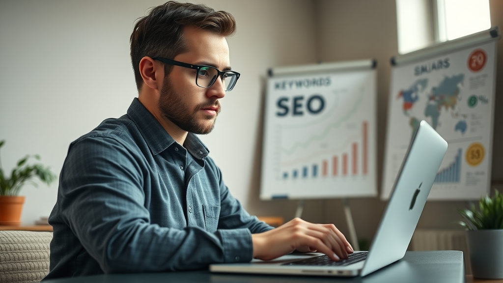 google business profile optimization - Professional SEO specialist entering keywords on laptop for profile optimization