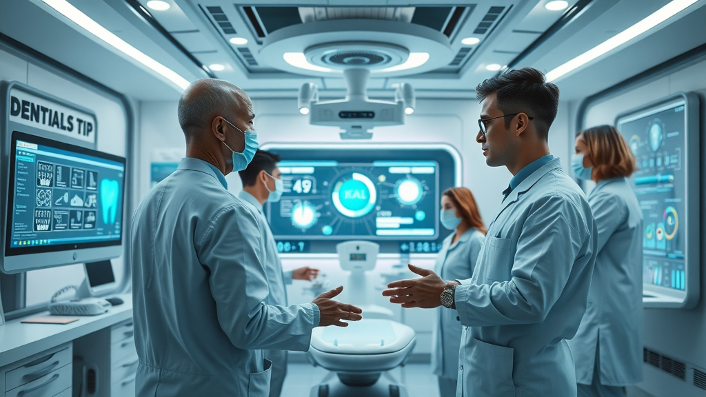futuristic dental office utilizing AI communication technology for enhanced workflow