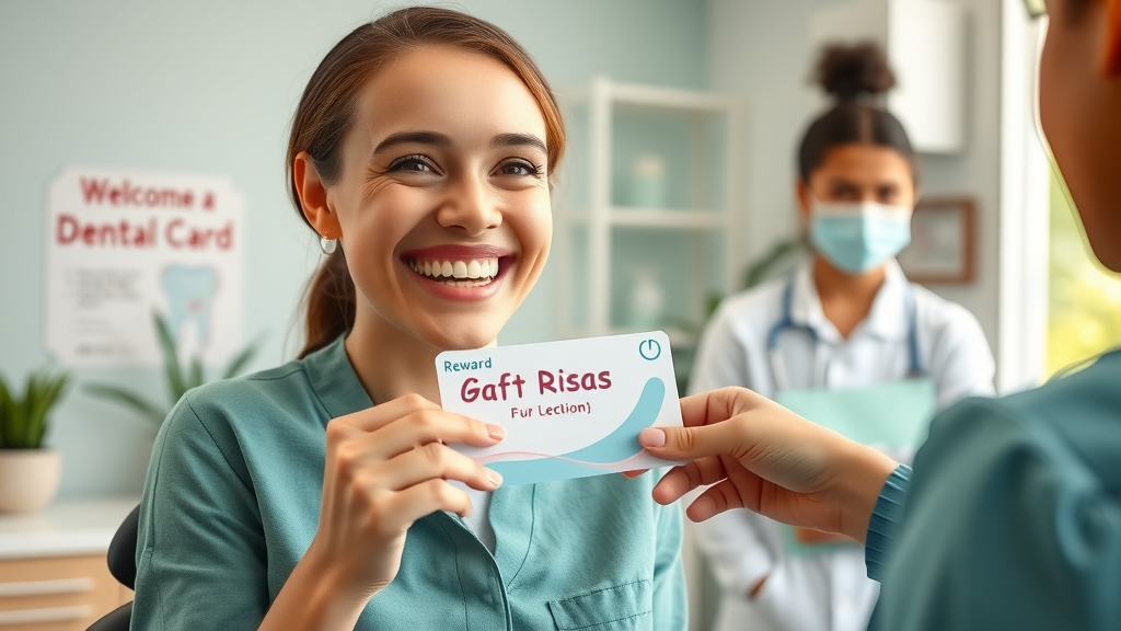 Dental office patient receiving a gift card incentive from front desk, integrated with communication software to improve engagement