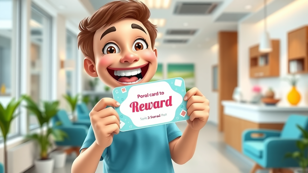 Dental patient holding a referral program reward gift card in clinic. incentive program