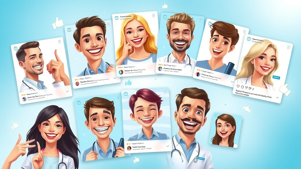 increasing dental referrals - Dynamic collage of dental social media content, testimonials, before-after images, social media sharing, clean dental branding