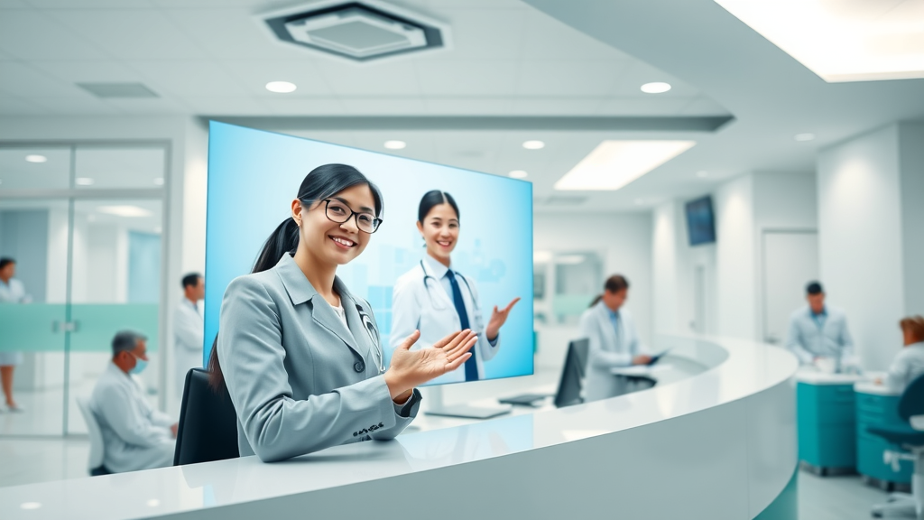 ai dental receptionist modern dental office reception area digital avatar touchscreen, dental office staff and patients, bright clinic, natural lighting