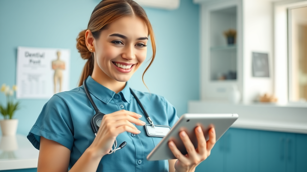 Dental receptionist using dental office communication software to send appointment reminders to patients, enhancing patient communication and experience