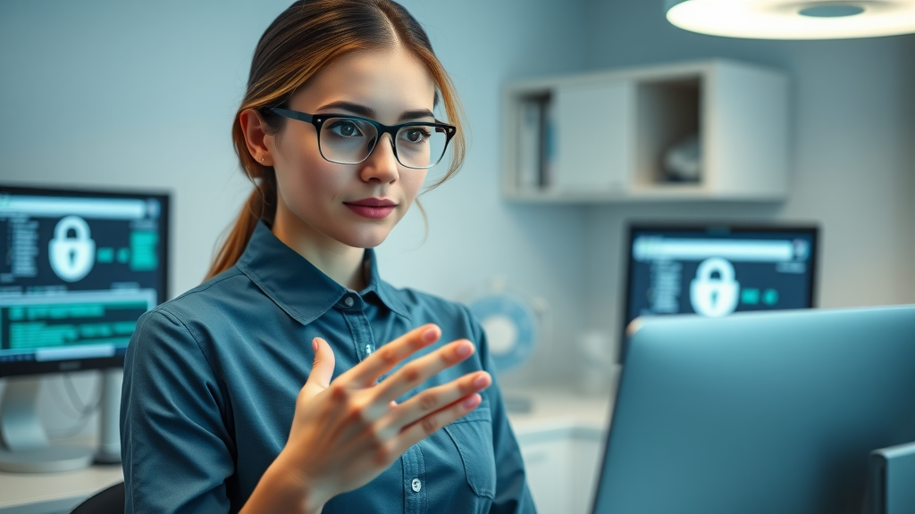 dental receptionist reviewing secure patient data file system, HIPAA compliant privacy in dental office