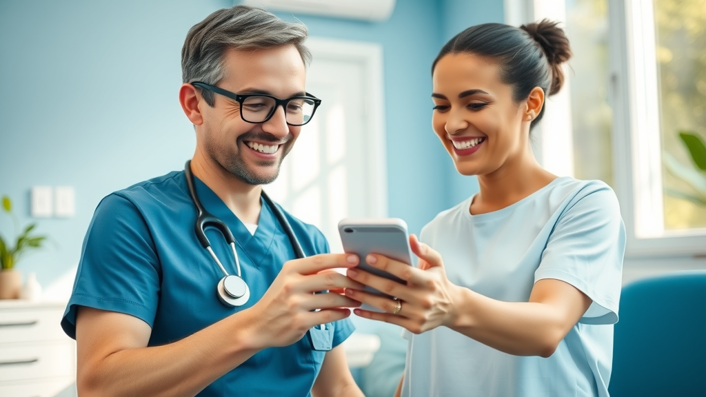 increasing dental referrals - Cheerful dental staff guiding patient to leave an online dental review on smartphone, modern dental lounge