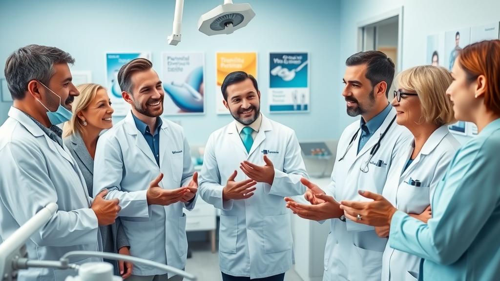 Dentists and patients discussing referral program in a modern dental office. referral marketing for dentists