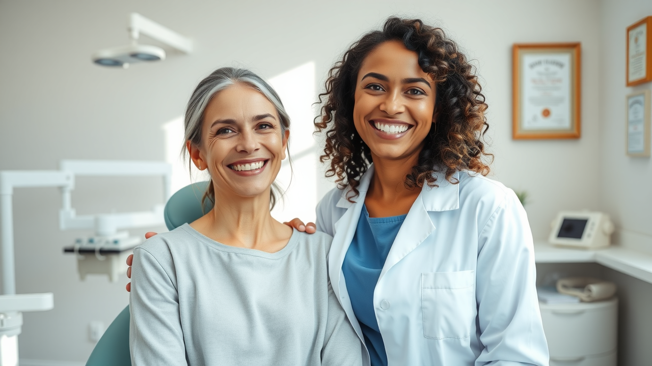 Confident dentist with happy patient after successful appointment managed by AI dental receptionist