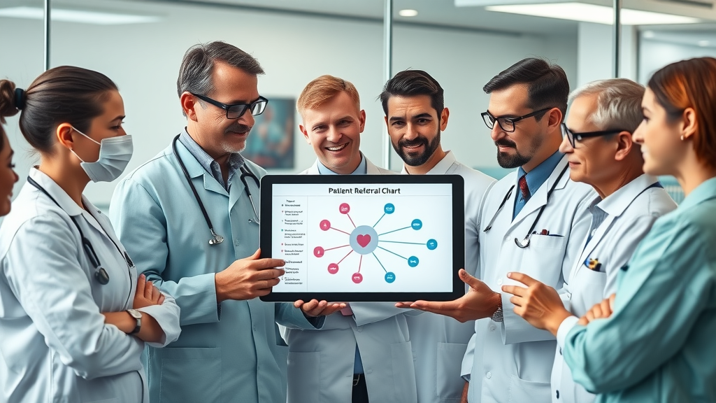 increasing dental referrals - Professional group of dentists discussing a patient referral chart, collaborating over referral network in dental clinic setting