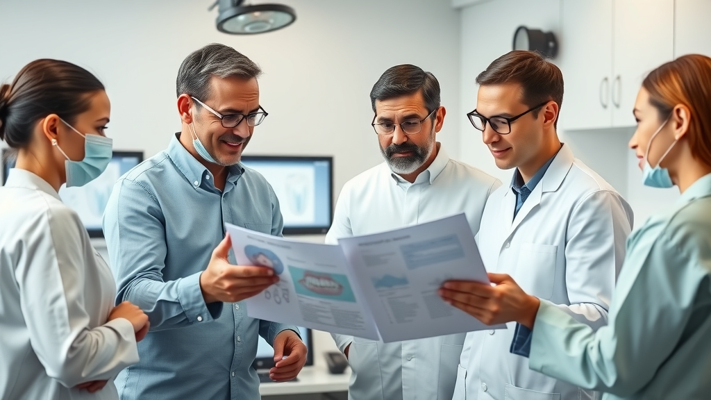 Professional dental team collaborating on referral program strategy in a modern dental practice, boosting dental patient referrals
