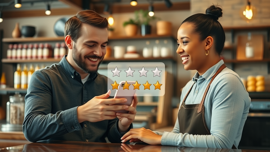 google business profile optimization - Satisfied customer leaving a five-star review, business owner responding, warm shop interior