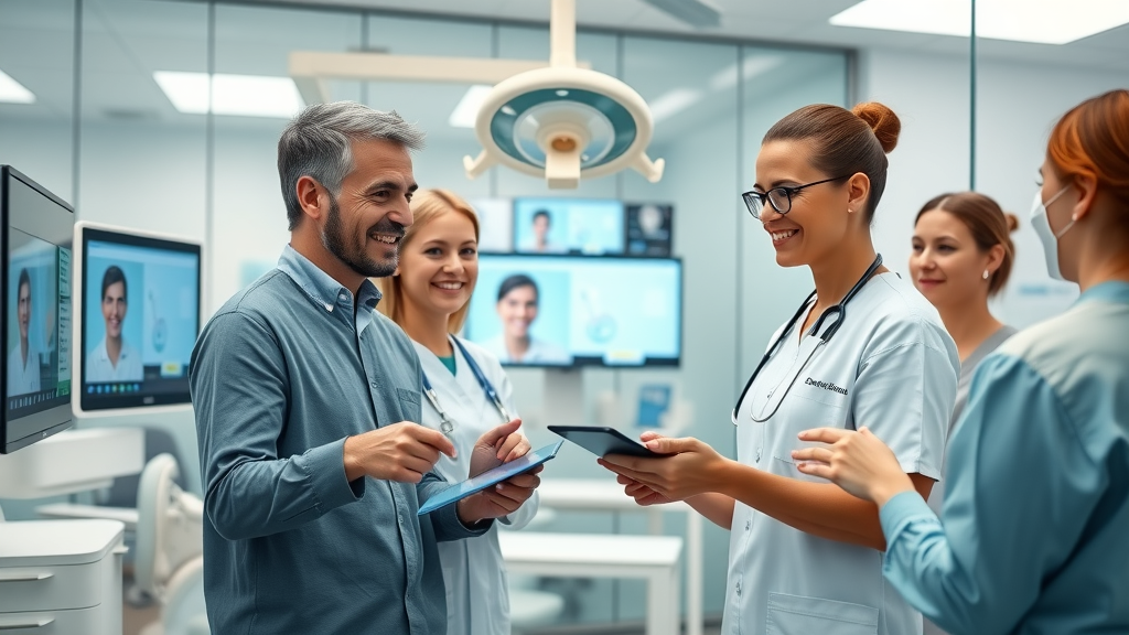 Modern dental office utilizing dental patient communication software with digital screens and interactive staff