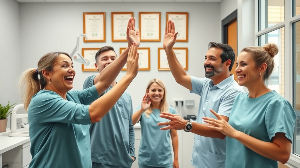 successful dental office team celebrating after workflow improvements – dental office communication success