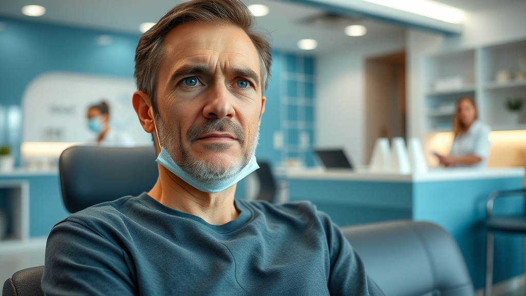 concerned dental patient uncertain expression in dental waiting area customer experience in dentistry