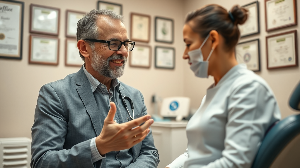 Empathetic dentist building dental patient trust by attentively listening to patient