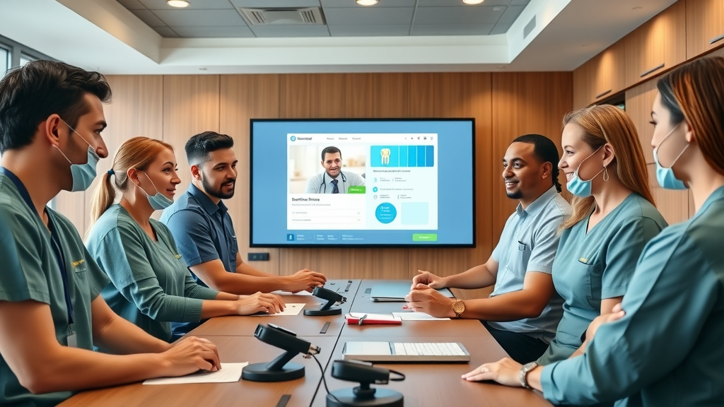 Dental team in a training session for new dental patient communication software