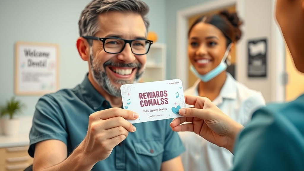 Cheerful dental patient receiving gift card as referral incentive, boosting dental patient referrals, friendly front desk scene