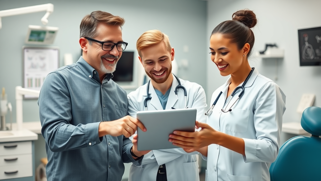 professional dental team collaborating in modern dental office around digital tablet – dental office communication
