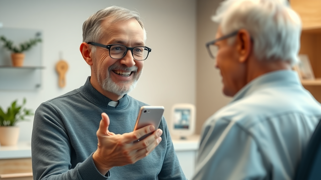 ai dental receptionist digital assistant at dental reception with elderly patient, modern clinic, natural decor