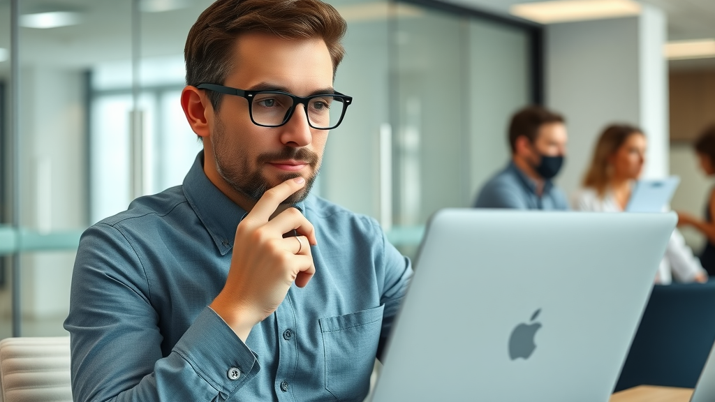 Dental manager evaluating dental office communication software checklist on a laptop, ensuring integration, support, and compliance for dental practice