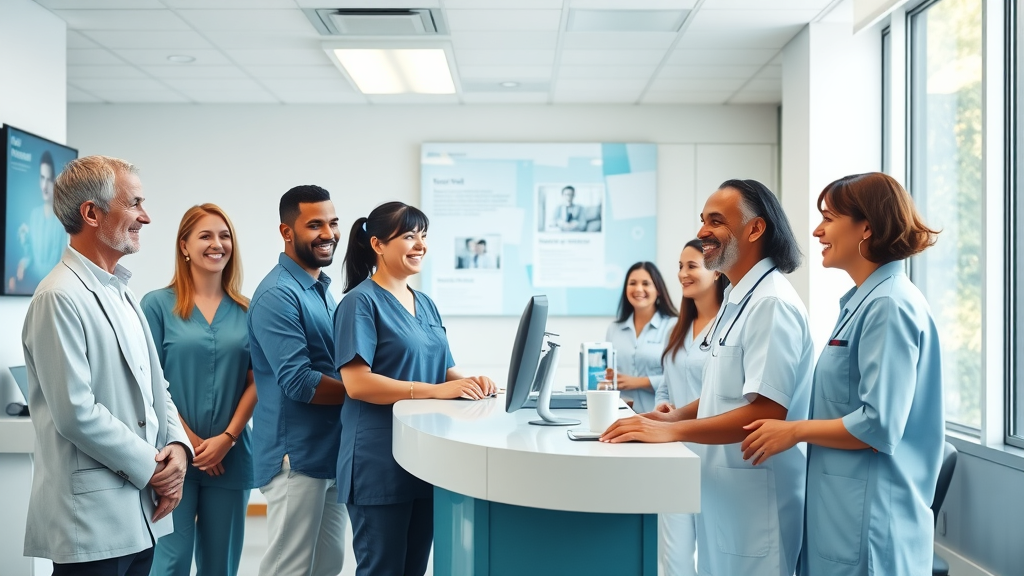 modern dental office reception area with digital signage and friendly staff, highlighting a dental office communication system