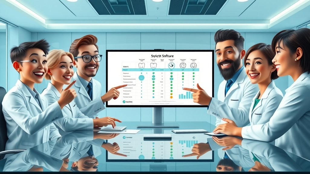 Diverse dental team comparing dental patient communication software options on digital screens