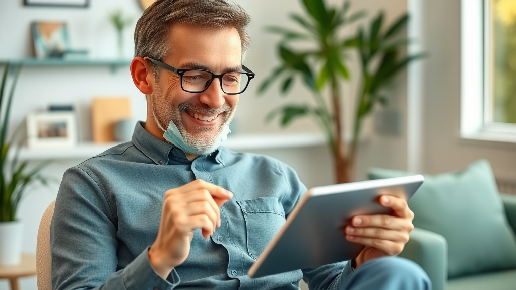 increasing dental referrals - Happy dental patient filling out digital feedback form on tablet, feedback after appointment at modern dental clinic