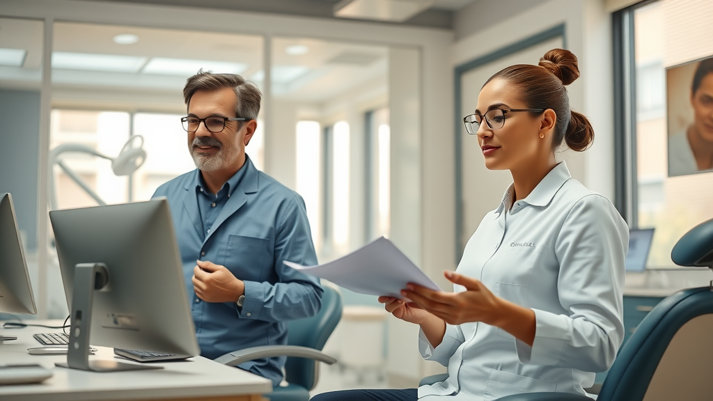 Professional dental office staff collaborating while AI receptionist system manages front desk communications