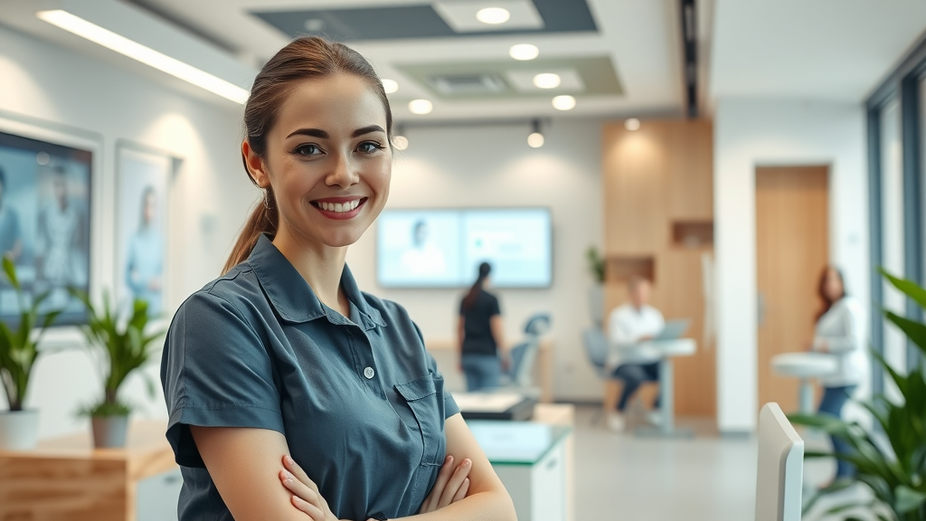 Modern dental clinic front desk with dental ai receptionist, digital displays, lush plants, and a welcoming atmosphere