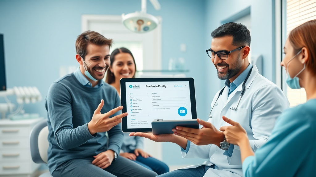 Dentist patient feedback systems in a bright modern dental office with diverse patients and digital health technology