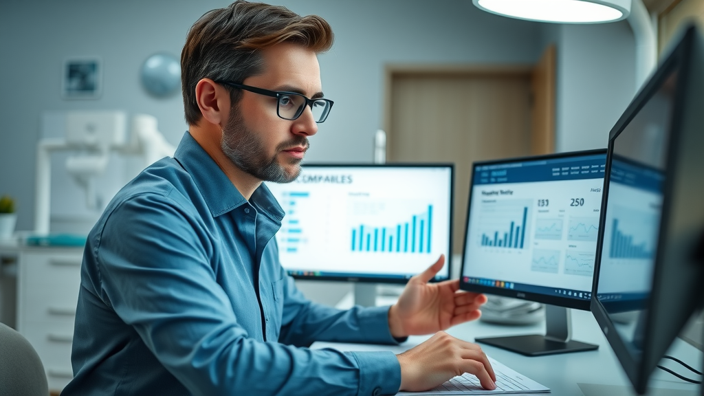 dental office manager evaluating dental office communication system features and software comparison charts