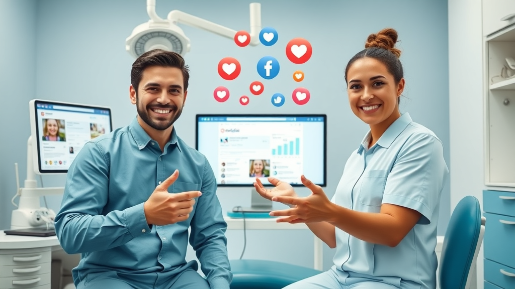 dentist referral generation, professional dental team on social media, dental office with computer showing social media referral campaigns, engagement icons, connecting dental practice to new patient referrals online