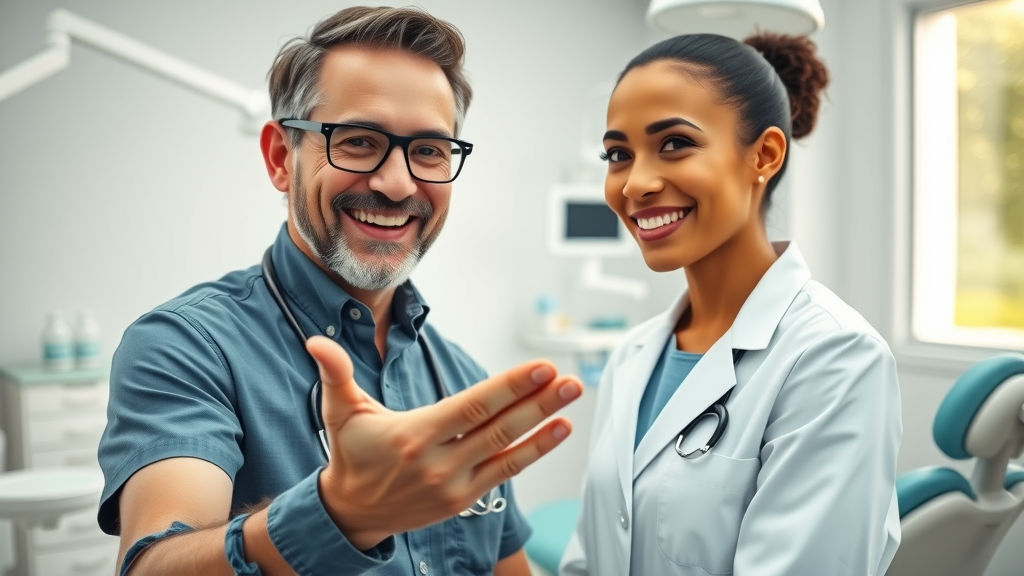 increasing dental referrals - Vibrant modern dental office, friendly dentist warmly greeting a smiling patient, photorealistic dental clinic, clean and contemporary background, natural light