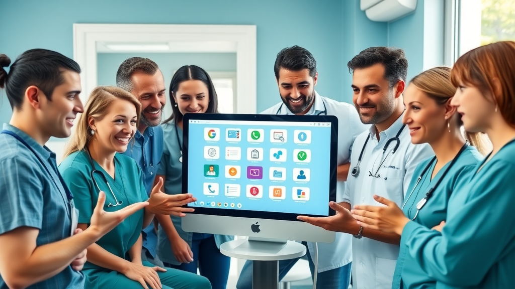 dental practice staff review integrated dental office communication software on a computer, showing teamwork and digital efficiency