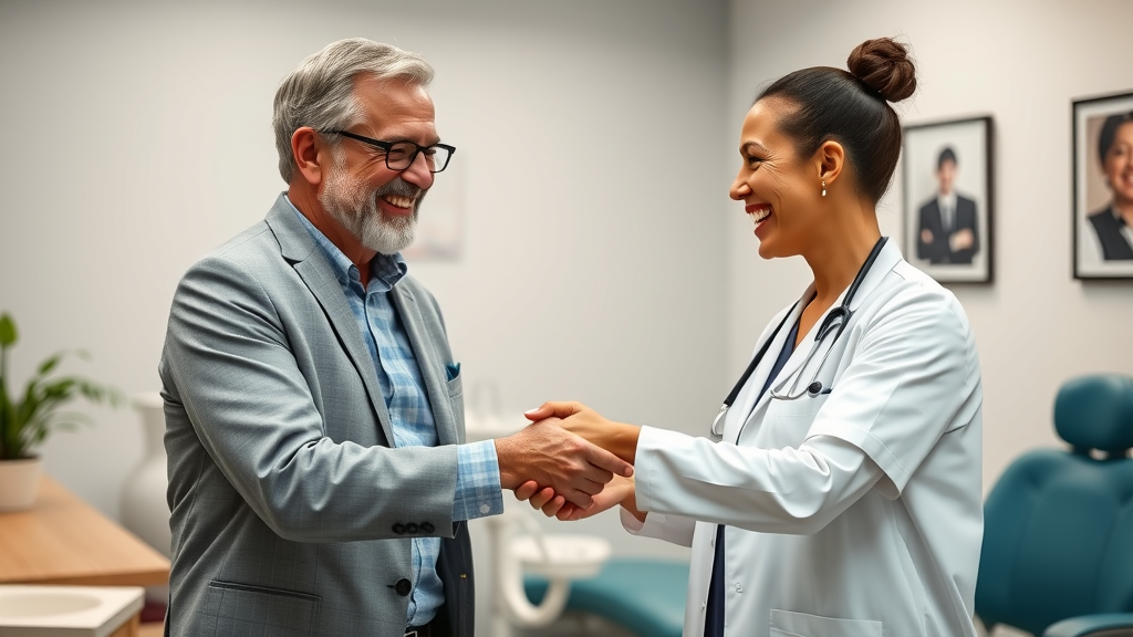 dentist and patient smiling and shaking hands in dental office reception – building trust through dental office communication