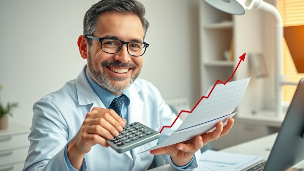dentist referral generation financial benefits, dentist holding calculator, dental office growth graph, financial documents, patient referral program success