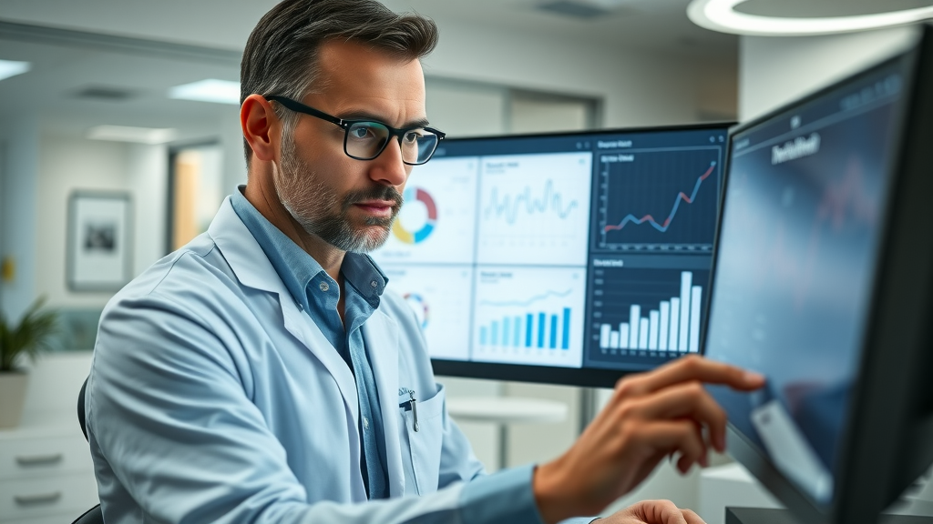 Dentist evaluating patient feedback system dashboard to improve dental practice