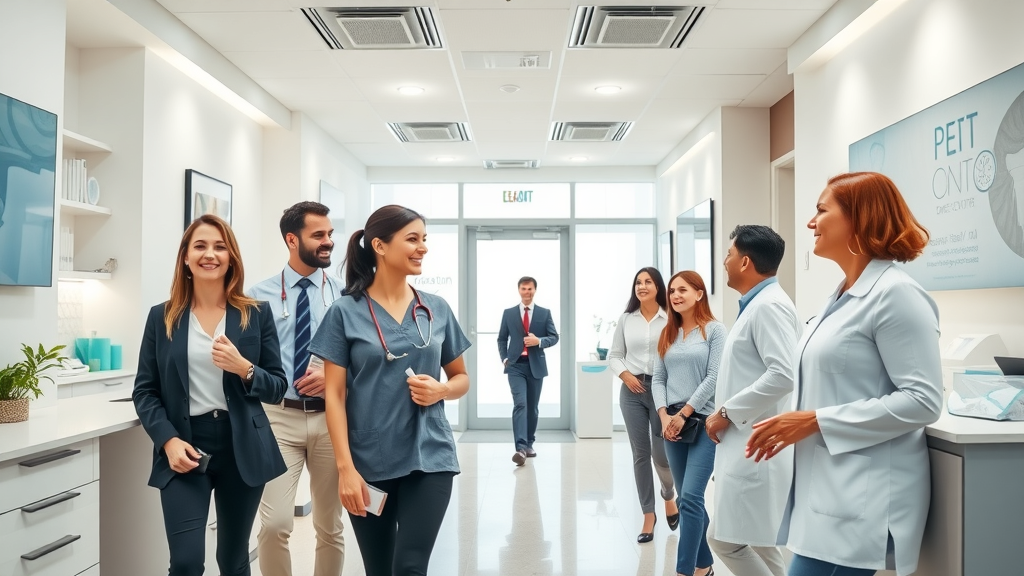 Bright modern dental clinic interior, boosting dental patient referrals, smiling staff greeting patients, clean and branded reception