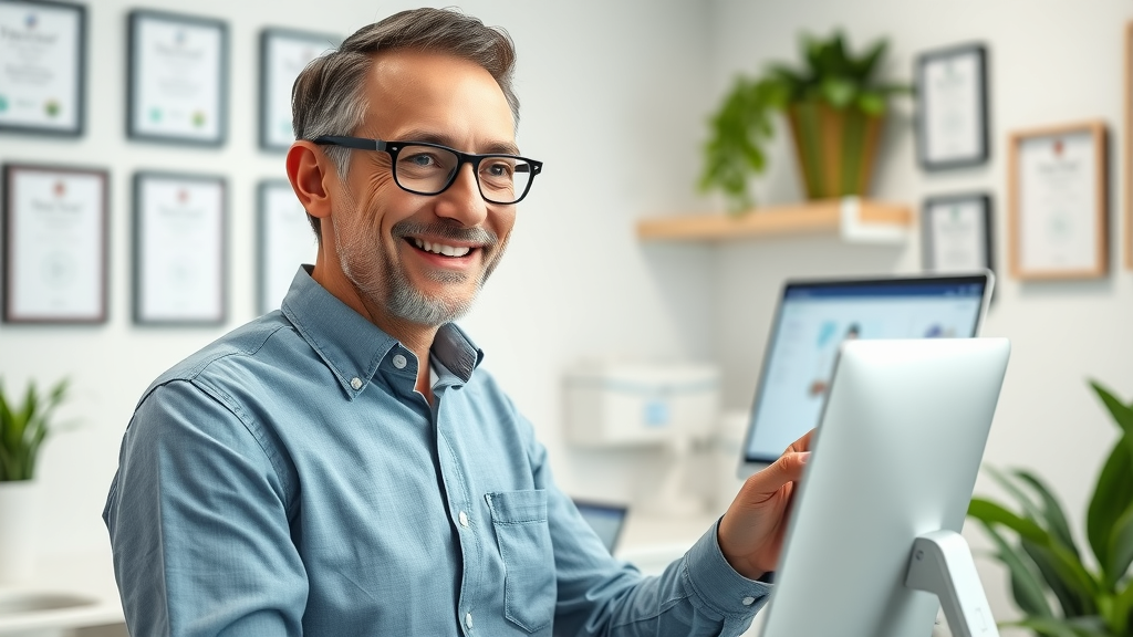 Optimistic dental practice owner satisfied with AI dental receptionist free trial dashboard