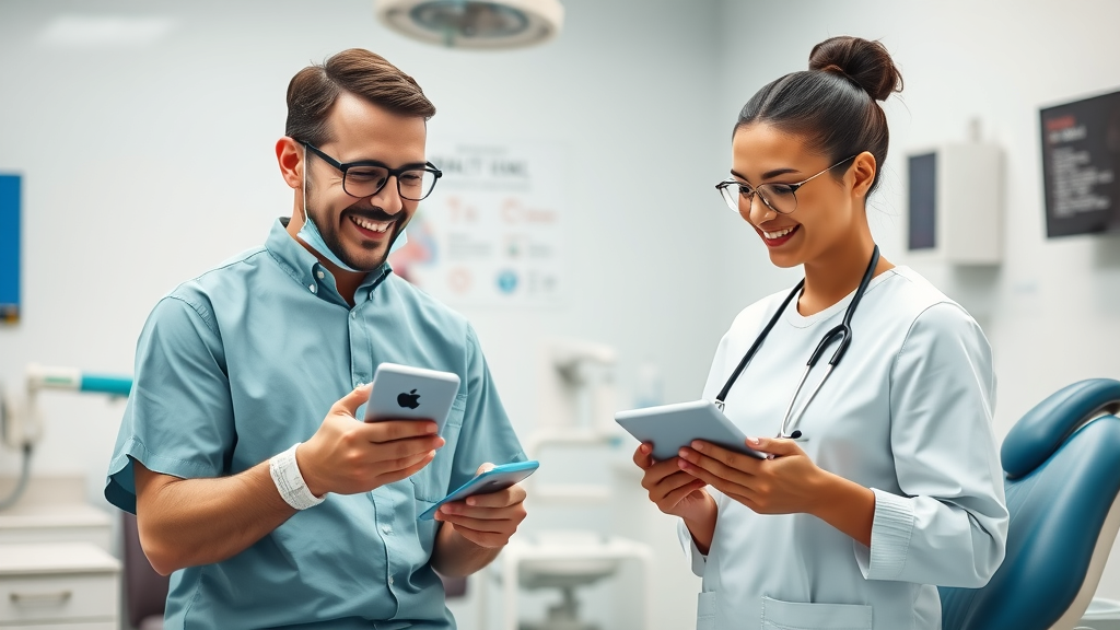 Dental office communication software in modern dental clinic setting, dental staff interacting with digital tools for streamlined workflow