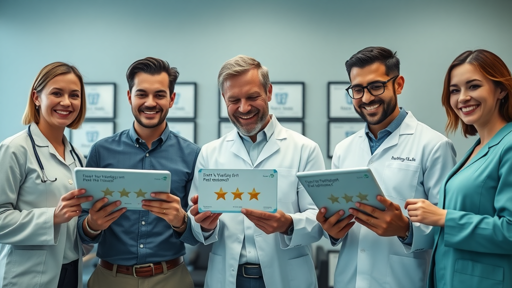 confident dental team dentist review generation reviewing five-star feedback dental reputation dental practice