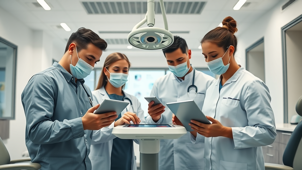 Dental team using digital hub for office communication and workflow optimization.