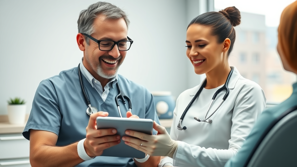 Dentist and patient using digital tablet for patient communication in a modern dental office.