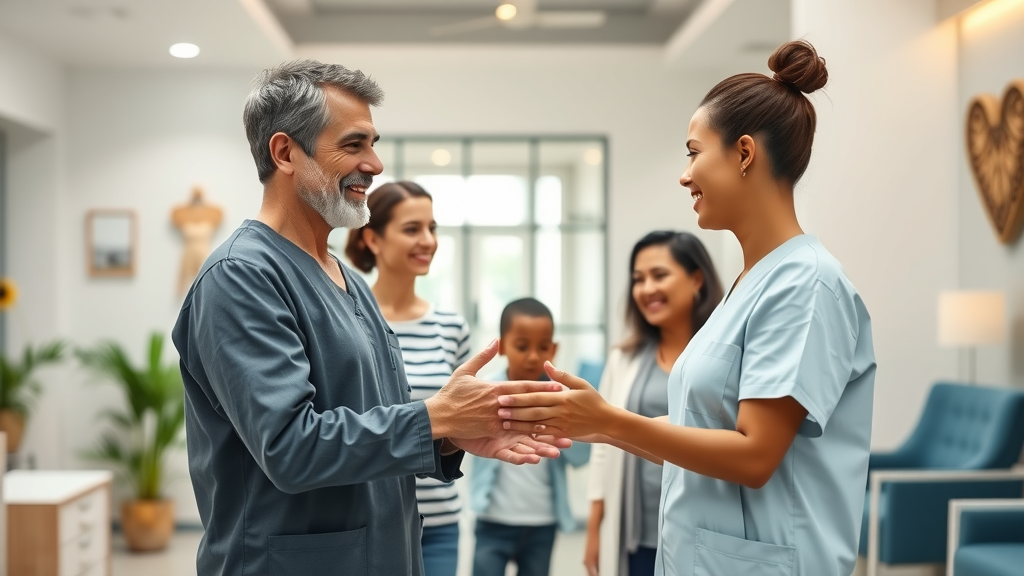 Modern dental office reception welcoming diverse patients - review generation systems for dentists