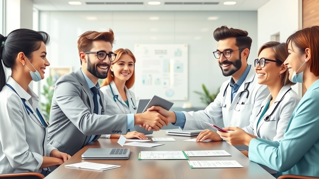 dentist referral program, diverse business professionals and dentists collaborating, referral partnerships, exchanging info at local business, business cards, referral strategy, dental referral network