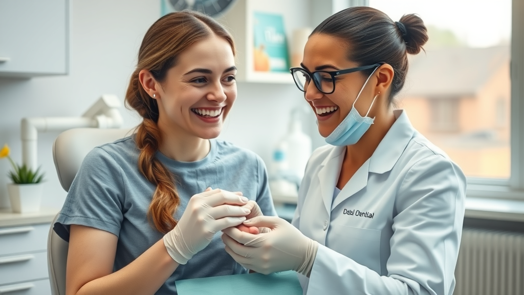 Female dental patient receiving care from dentist and learning about referral program. patient referral