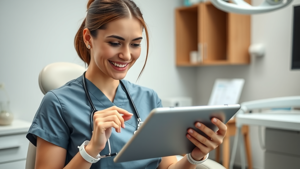 smiling dental hygienist uses a tablet for patient communication reminders within a dental office communication system